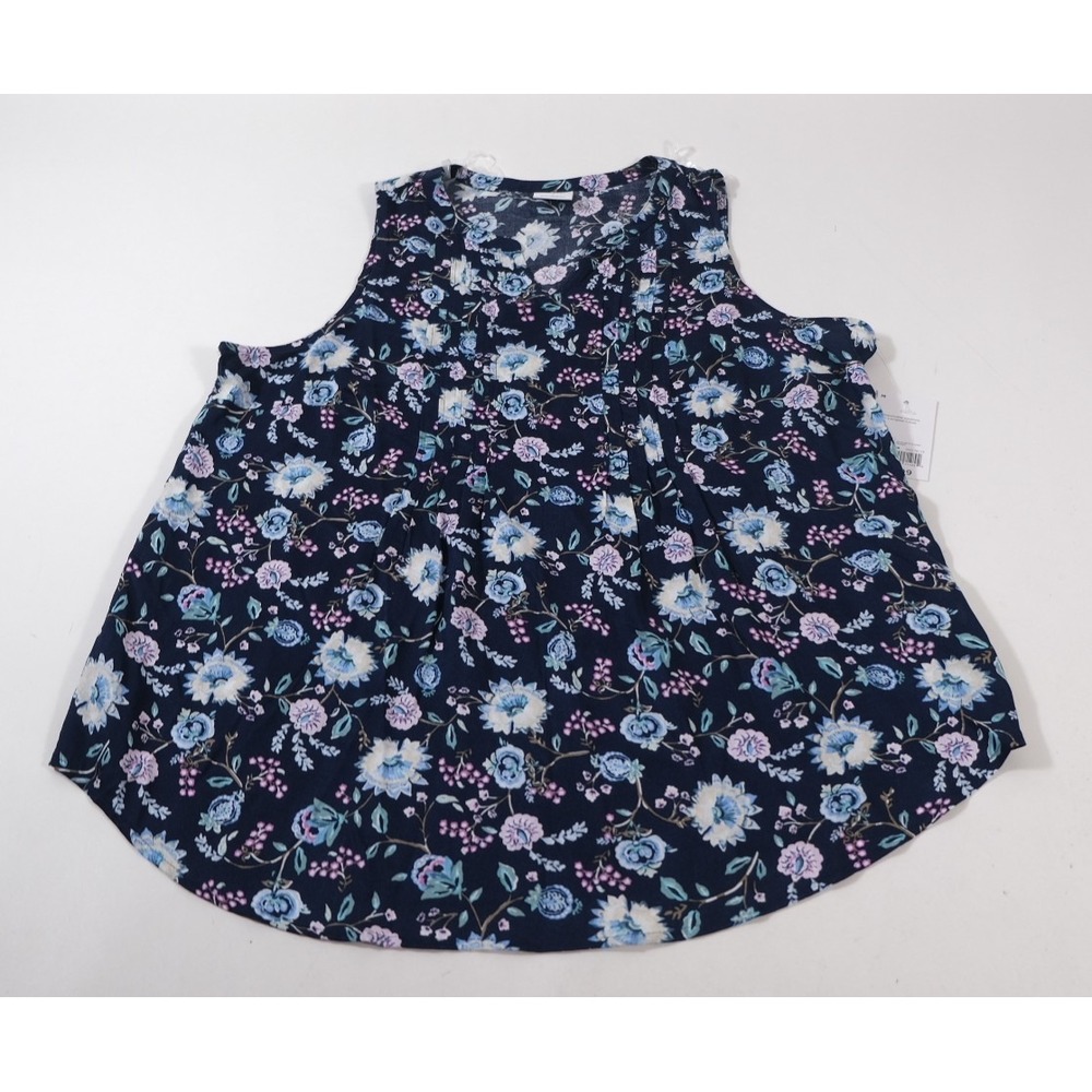 Croft & Barrow Blouse Womens M Blue Floral Classic Top Sleeveless Rayon Pleated